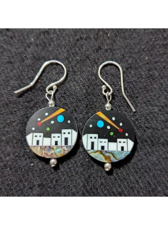 Sterling Silver Black White Gibbsite And Abalone Inlay Dangle Statement Earrings - Picture 1 of 2